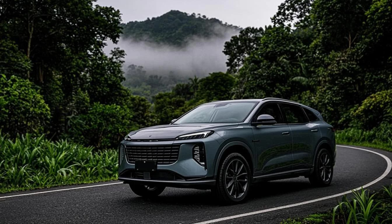SUV premium melintasi jalan pegunungan berkabut di kawasan Bogor saat fajar